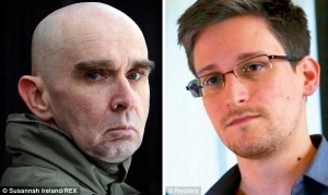 Former KGB spy Boris Karpichkov, left, and Edward Snowden