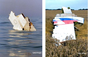 Wreckage of TWA 800, left, and of the crash in Ukraine of Malaysia Air flight 17.  /Getty Images