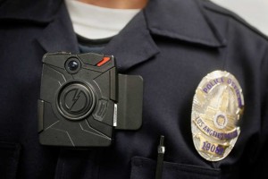 A Los Angeles Police officer wearing an on-body camera.  /AP