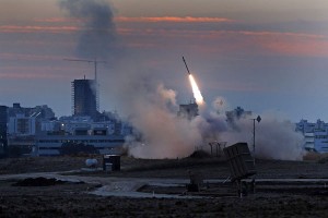 Israel’s Iron Dome missile defense system launches an interceptor.