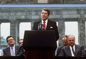 President Ronald Reagan at the Berlin Wall. / Bettmann / CORBIS