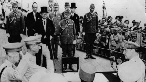 U.S. Army Gen. Douglas MacArthur, bottom right, prepares to accept Japan's unconditional surrender on Sept. 2, 1945.