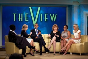 President Barack Obama records an episode of The View at ABC Studios in New York, N.Y., July 28, 2010. Pictured, from left, are Whoopi Goldberg, Barbara Walters, Joy Behar, Sherri Shepherd, and Elisabeth Hasselbeck. (Official White House Photo by Pete Souza) This official White House photograph is being made available only for publication by news organizations and/or for personal use printing by the subject(s) of the photograph. The photograph may not be manipulated in any way and may not be used in commercial or political materials, advertisements, emails, products, promotions that in any way suggests approval or endorsement of the President, the First Family, or the White House.